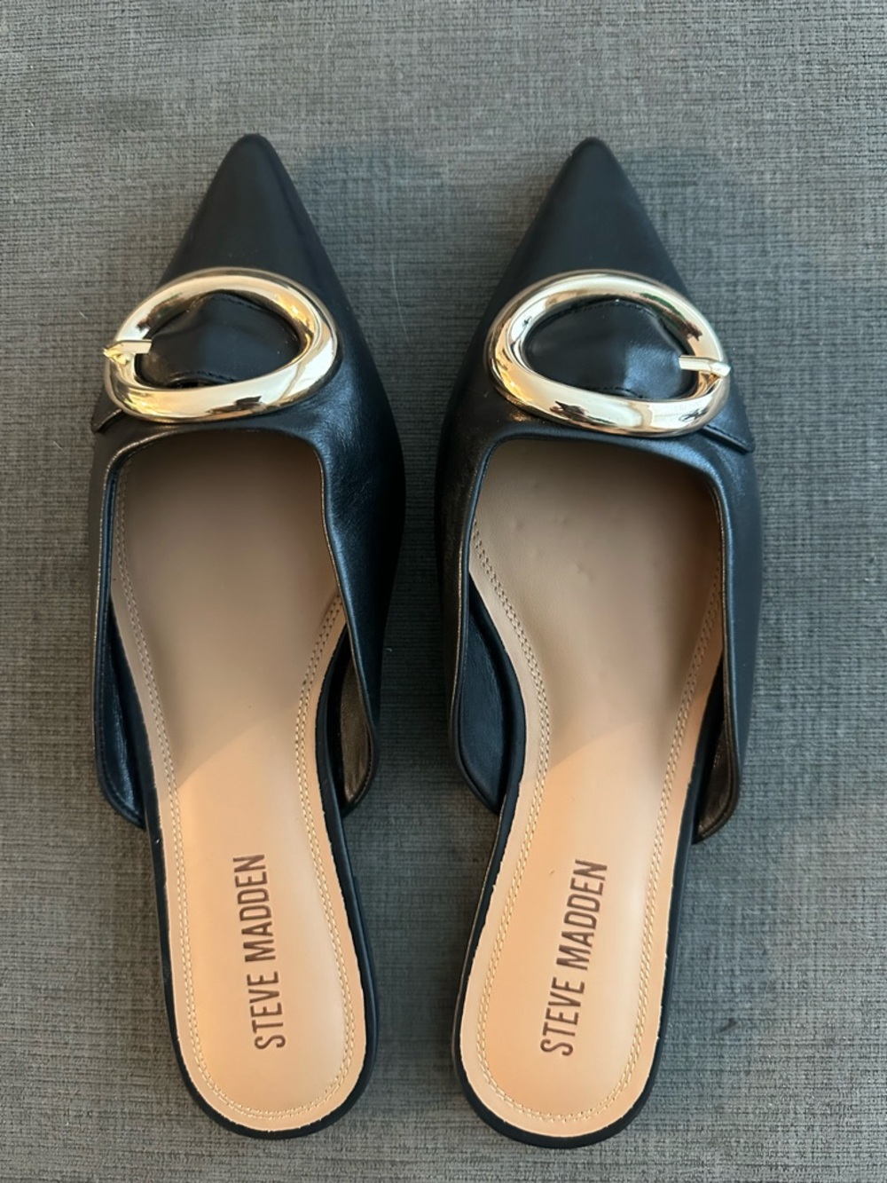 Steve Madden Black Leather Pointed Toe Mule with Gold Oval Buckle